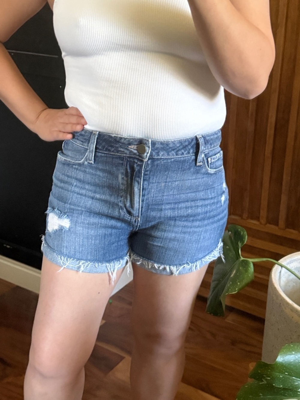 PAIGE Jimmy Jimmy Short Mid Rise Medium Wash in Daril Destructed. Size 27